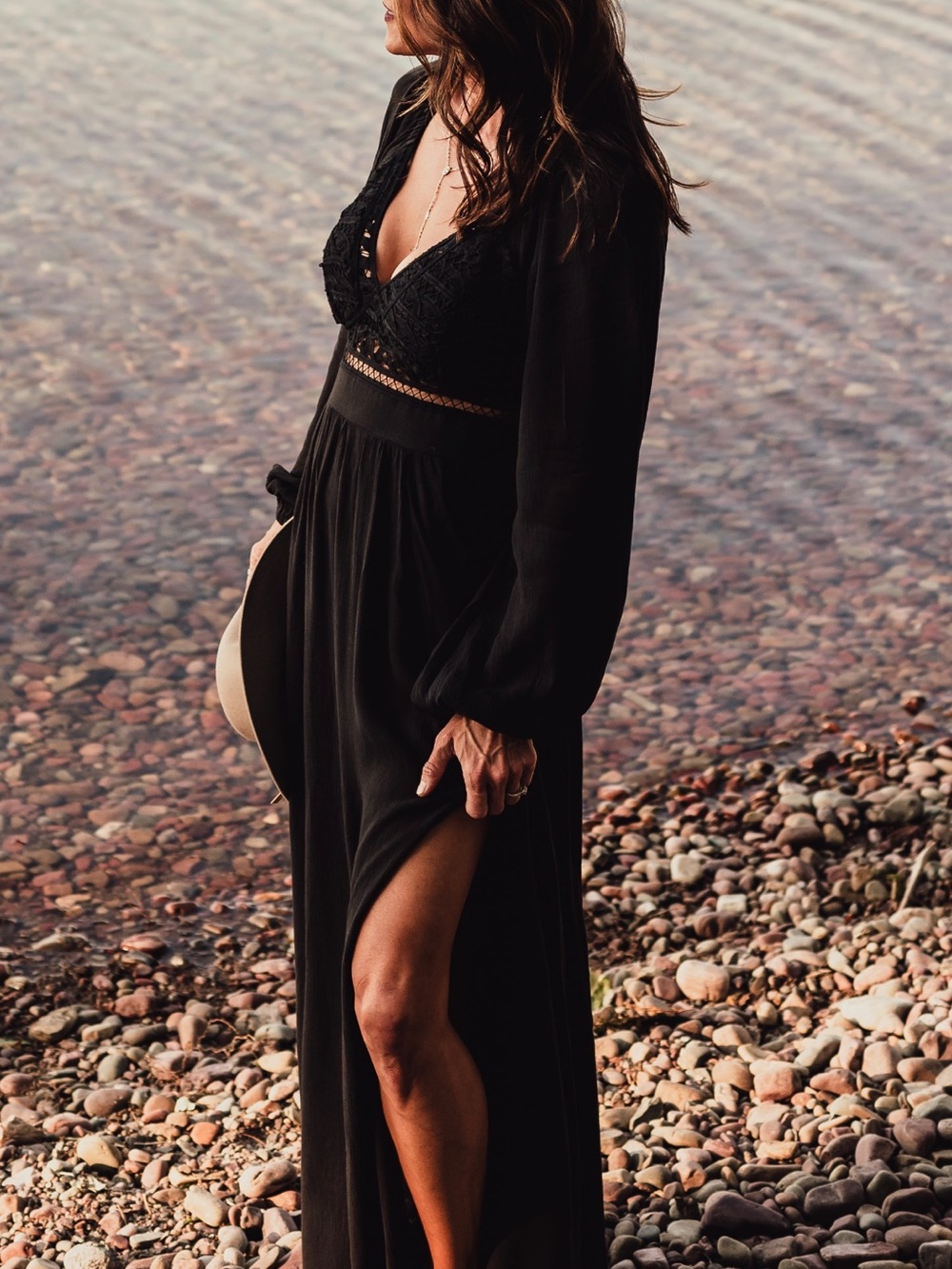 Free People Black Long Sleeve Lace-Front Maxi Dress